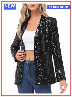 Sequin Blazer Jacket Open Front Lapel Long Sleeve Pockets